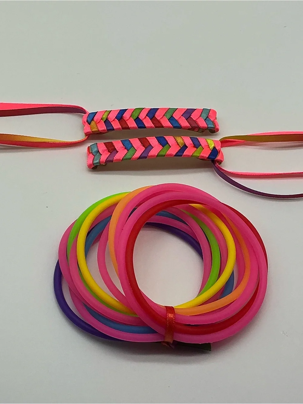 Neon Pink and Rainbow 80s Barrettes & 12 Pink and Rainbow Jelly Bracelets